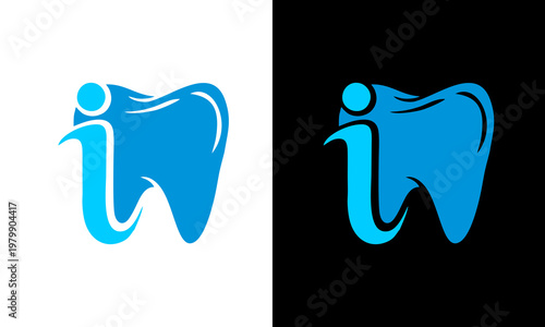 A graphic designer creates illustrations of a tooth icon on white and black backgrounds.
