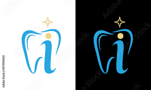 A dental logo with a tooth and letter i is shown on white and black backgrounds.