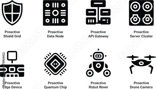 Set of eight modern technology icons featuring security hardware networking robotics and advanced computing system components