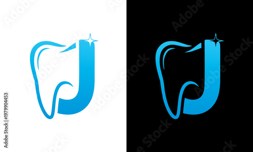 Dental logo design featuring a tooth with a letter on white and black backgrounds