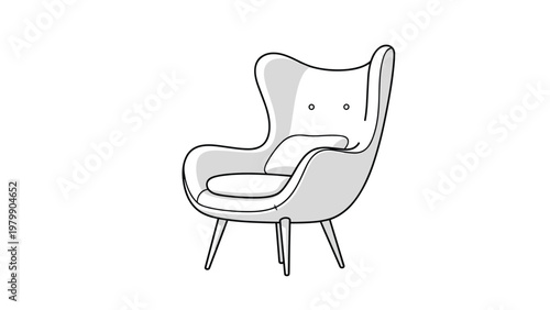 Minimalist line art illustration of a modern wingback armchair with a pillow on a plain white background for interior design concept.