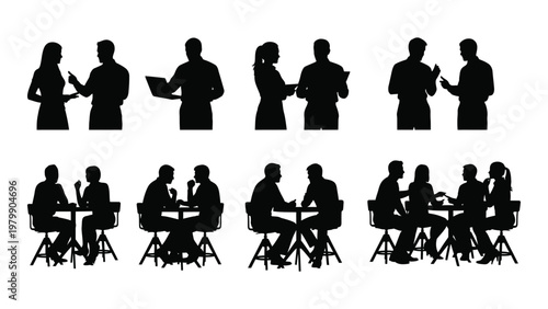 A collection of black silhouette figures depicts various business interactions including meetings discussions and presentations high quality professional detailed modern elegant