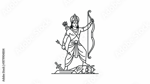 Lord Rama standing with bow and arrow in a traditional Indian art style.