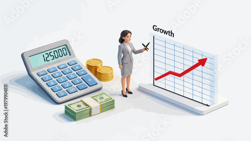 Businesswoman with growth chart and money