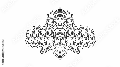 Line art illustration of Ravana, the ten-headed demon king from Hindu mythology.