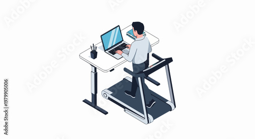 Isometric Businessman Working on Laptop While Walking on Treadmill at Adjustable Standing Desk for Healthy Office Lifestyle