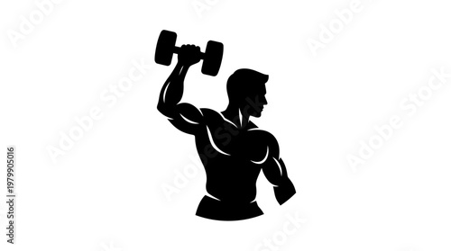 Muscular man silhouette lifting dumbbell in powerful pose.