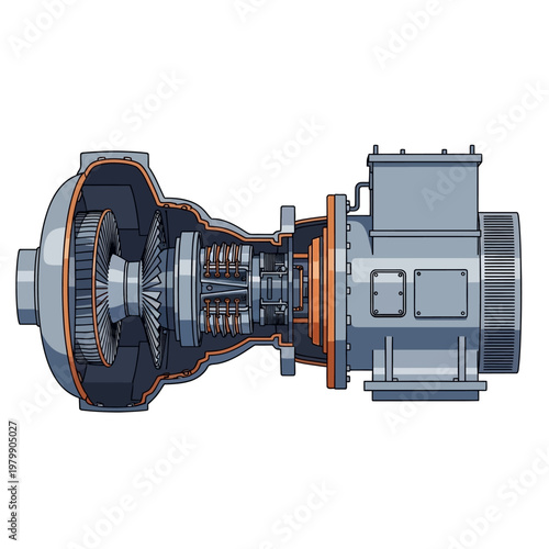 Cross-section of a steam turbine generator with internal components exposed, schematic illustration.