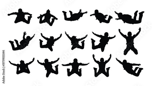 A collection of black silhouettes depicts multiple people in dynamic freefall poses suggesting skydiving or similar activities high quality professional detailed