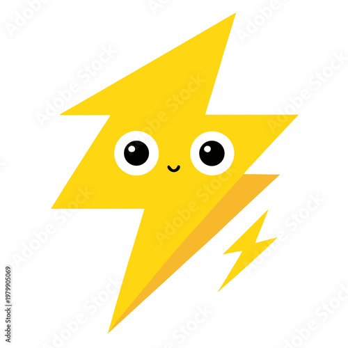 Cute yellow lightning bolt, smiling cartoon icon, vector illustration, bright emoticon