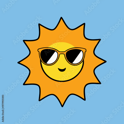 Fun, smiling sun icon with sunglasses, yellow and orange cartoon character, summer symbol, vector illustration