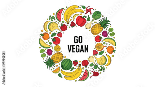 Circular arrangement of various colorful fruits and vegetables with Go Vegan text in the center for healthy eating and vegan lifestyle.