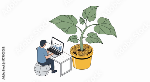 Business Financial Growth and Investment Concept: Entrepreneur Working on Laptop with Money Tree and Gold Coins