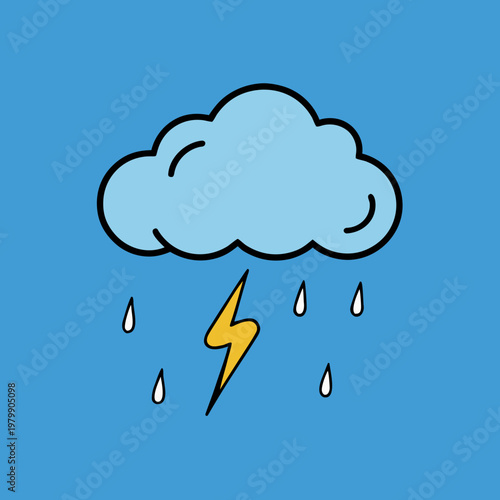 Weather icon, storm cloud, rain drops, lightning bolt, vector illustration