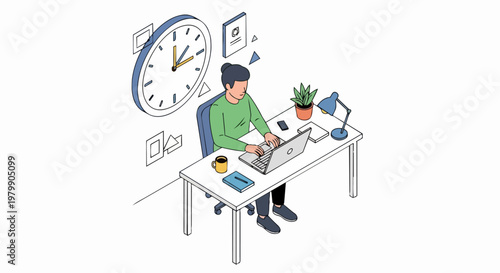Isometric Woman Working on Laptop with Large Clock for Time Management and Productivity Concept