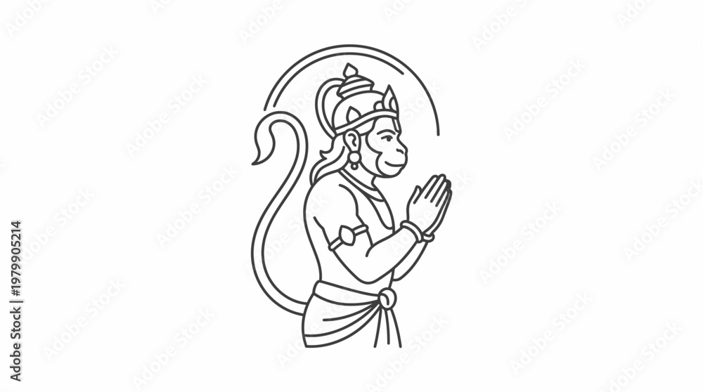 Obraz premium Lord Hanuman in prayer line art illustration.