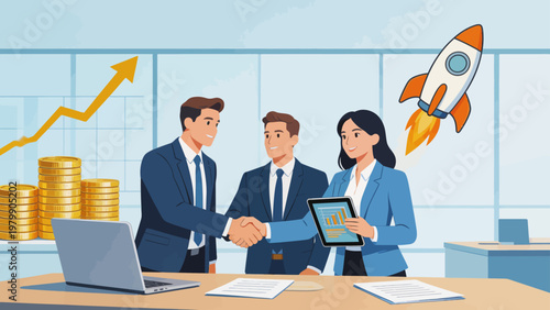 Business team handshake with growth chart