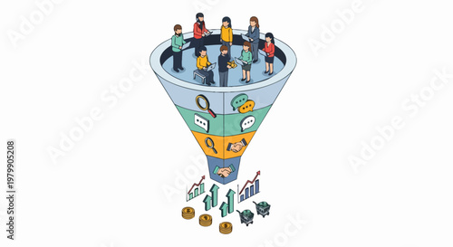 Isometric Sales Funnel Illustration Representing Lead Generation, Customer Conversion, and Business Revenue Growth