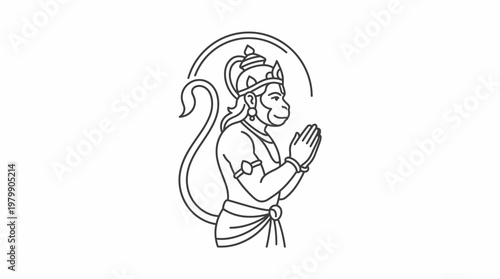Lord Hanuman in prayer line art illustration.