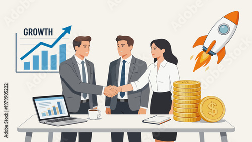 Business team handshake with growth chart