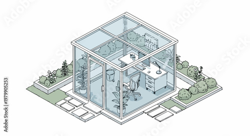 Isometric Glass Garden Office Pod and Minimalist Workspace in a Lush Landscaped Backyard Illustration