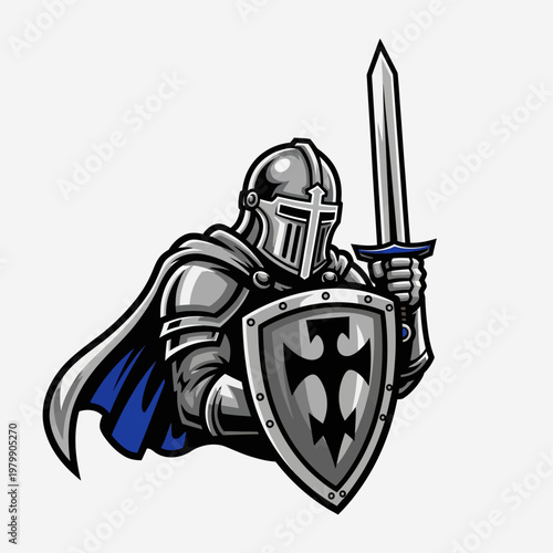 Knight in shining armor with sword and shield.