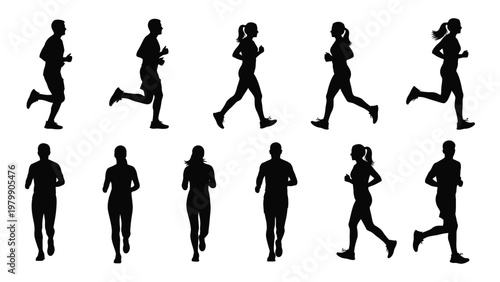 A collection of silhouettes depicting diverse people running and walking showcasing various poses and body types high quality professional detailed modern