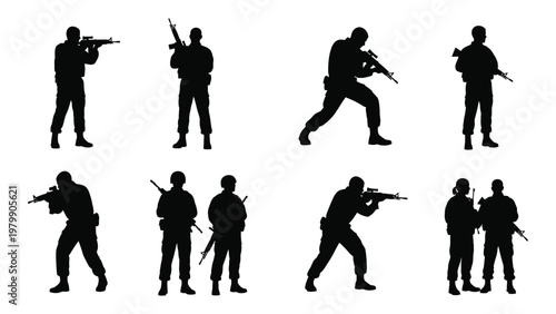 A collection of silhouetted soldiers depicted in various combat poses armed with rifles and tactical gear high quality professional detailed modern