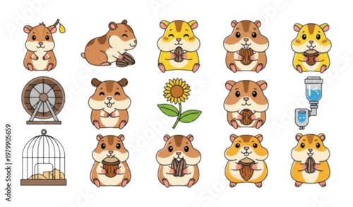 Cute Hamster Icon Set with Cartoon Character Holding Food Cage Wheel and Accessories