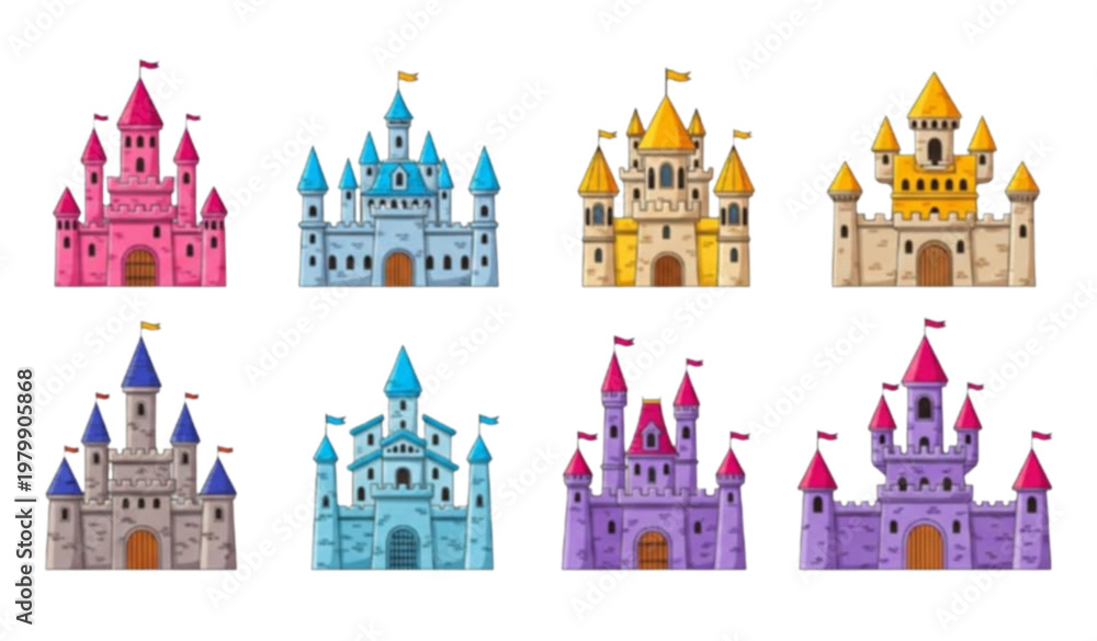 Obraz premium Medieval Fairytale Castle Vector Set with Colorful Palaces Towers Walls and Gates