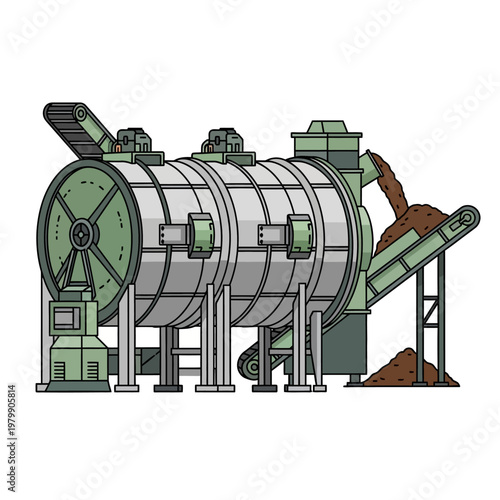 Industrial composting machine with conveyor belts, processing organic waste into soil.