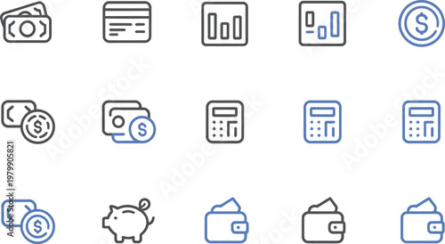A collection of thin line icons representing various financial services banking tools and money management solutions