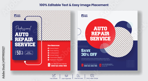 Minimal Auto Repair Promotional Flyer Template with Car Service, Mechanic Workshop, Emergency Repair Advertising, Clean Square Poster Layout for Automotive Marketing