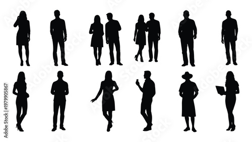 A collection of twelve black silhouettes depicts diverse people standing or walking in various casual poses and outfits high quality professional