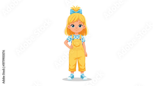Cute young girl with blonde hair wearing yellow overalls and a blue bow standing on white background for kids fashion.