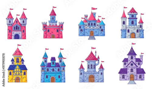 Cartoon Medieval Castle Vector Set with Gothic Towers Fortresses and Fantasy Palaces