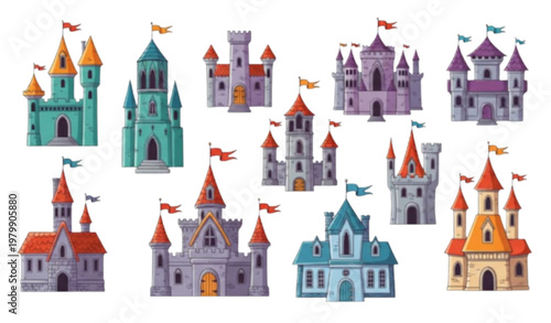 Tableau sur toile Playful Cartoon Castle Collection with Gothic Towers Fortified Palaces and Fanta
