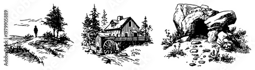 Foto Countryside landscapes with watermill walking path and cave entrance in vintage