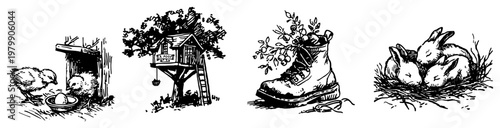 Countryside elements featuring chicks treehouse flowers in boot and rabbits in sketch style