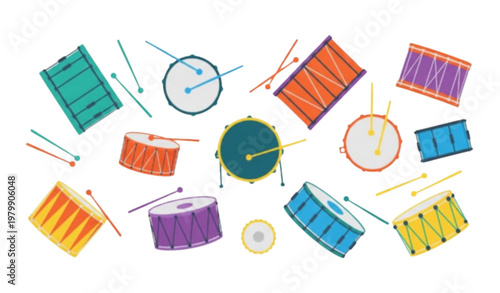 Modern Colorful Drum Collection with Drumsticks Musical Instrument Vector Set