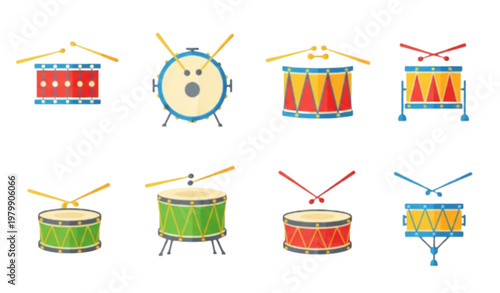 Colorful Drum Icon Set with Drumsticks and Musical Instrument Collection Vector Illustration