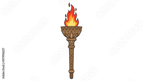 Ancient greek olympic torch with burning fire flame isolated on white background for sports and history themes.