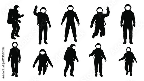 A collection of black silhouette figures depicting astronauts in various poses suggesting space exploration and discovery high quality professional detailed modern