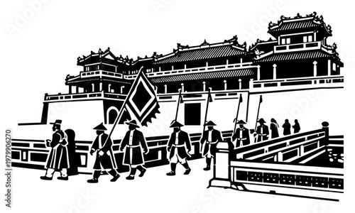 Ancient Vietnamese soldiers walking across bridge at Hue imperial city in high contrast graphic style