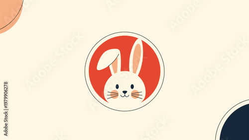 Minimalist cute rabbit face in a red circle on beige background with abstract shapes for animal logo design.