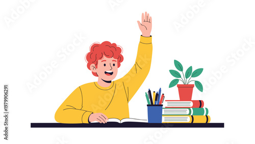 Young boy with red hair raising his hand while sitting at a school desk with books and a plant in a classroom.