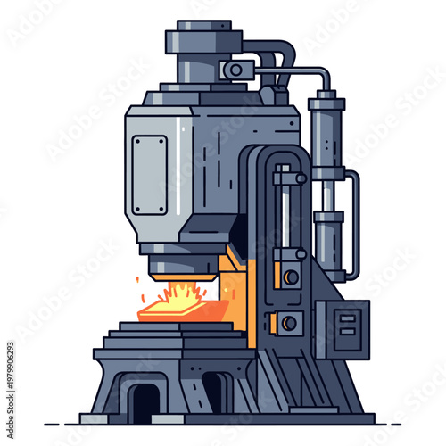 Industrial forging hammer machine with glowing hot metal, metalworking, manufacturing, factory equipment