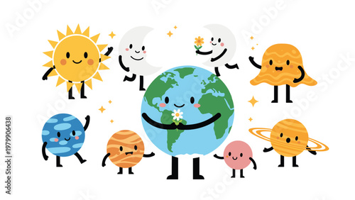 Collection of cute cartoon planets, sun, moon, and stars with smiling faces in the galaxy for kids education.