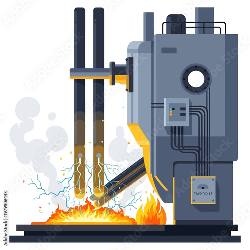 Industrial forging press with molten metal, sparks and steam, heavy machinery, manufacturing concept