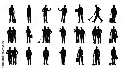 A collection of twenty four black silhouettes depicting various poses of people often carrying objects or standing high quality professional detailed